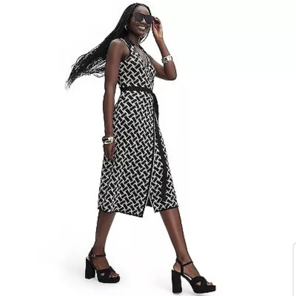 Women's Collared Sleeveless Vintage Weave Neutral Sweaterknit Midi Wrap Dress L